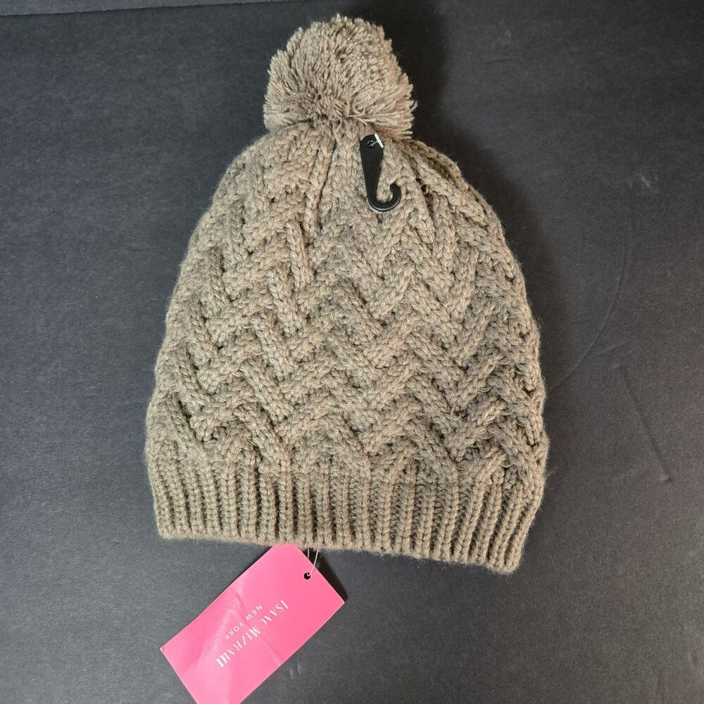 Isaac Mizrahi Beige Super Soft Ribbed Knit Pom Pom Beanie Fleece Lined Warm - Picture 4 of 10